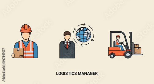 Logistics Manager: Worker, Globe, Forklift Icons for Supply Chain Management