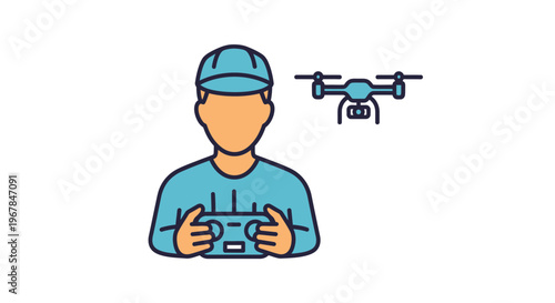 Man operating drone with remote control, aerial photography concept icon