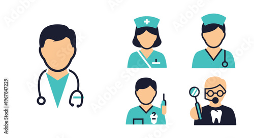 Medical Professionals Icon Set: Doctor, Nurse, Dentist, Healthcare Team