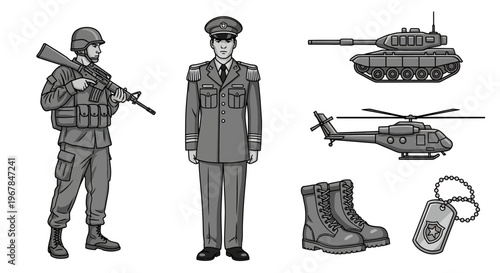 Military Soldier, Officer, Tank, Helicopter, Boots, Dog Tag - Vector Set