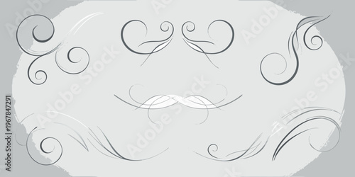 A grayscale illustration of swirls flourishes and a whimsical mustache