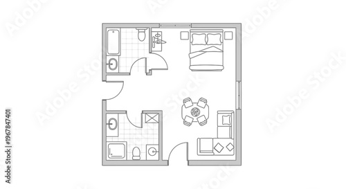 Modern Apartment Floor Plan Blueprint: Studio Layout with Bedroom, Living Area, Kitchenette, and Bathroom