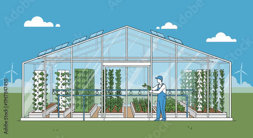Modern Greenhouse with Vertical Farming and Solar Panels