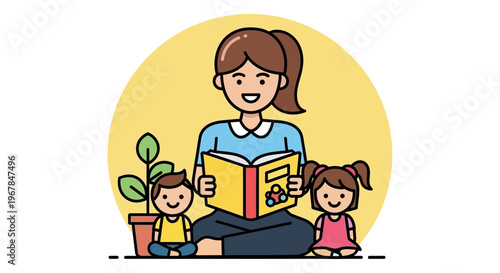 Mother Reading Book To Children, Family Storytelling, Education, Love