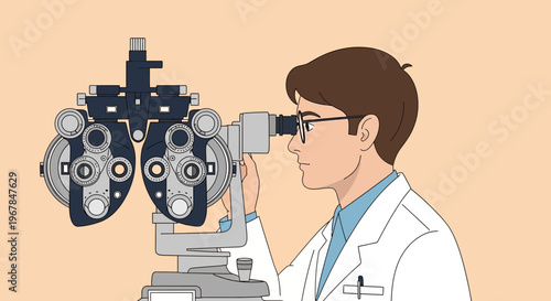 Optometrist Examining Patient's Eyes with Phoropter Machine, Eye Exam
