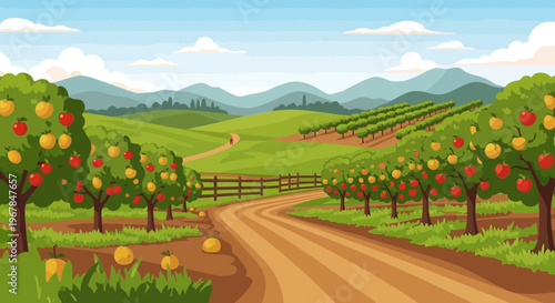 Orchard Landscape with Ripe Apples and Rolling Hills