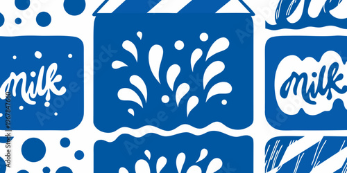 Seamless pattern of blue and white milk carton illustrations