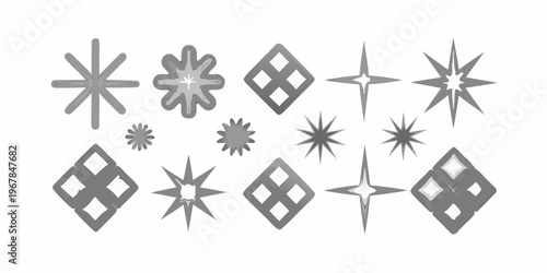 Collection of atomic starburst and diamond shapes in grayscale