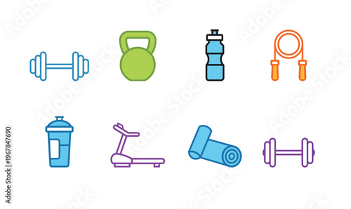 Gym Fitness Icon Set, Workout Equipment and Exercise Icons Pack, Sports Training Vector Line Illustration