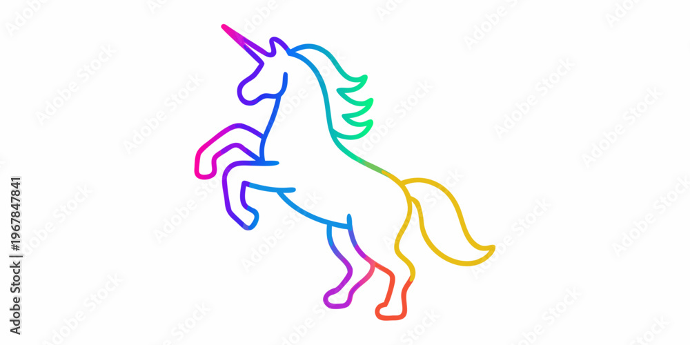 Fototapeta premium Colorful outline of a rearing unicorn with a rainbow gradient mane
