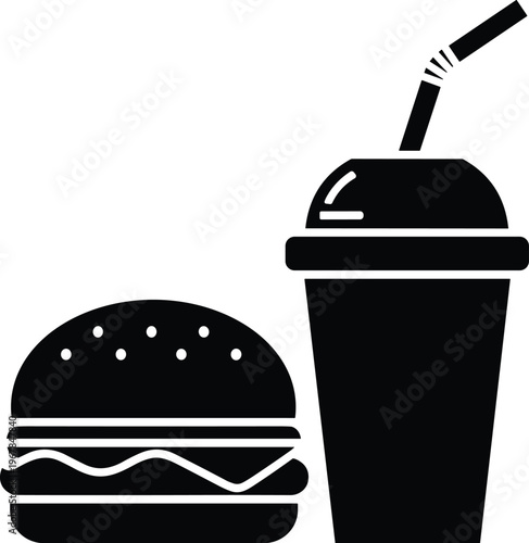 fast food burger and drink icon, takeaway meal silhouette, junk food combo symbol, soda cup illustration, restaurant menu graphic, flat vector illustration