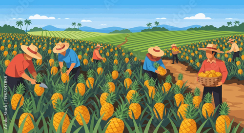 Pineapple Harvest Scene: Farmers Picking Tropical Fruit in Lush Field