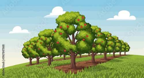 Pixel Art Apple Orchard on a Sunny Day with Blue Sky and Clouds