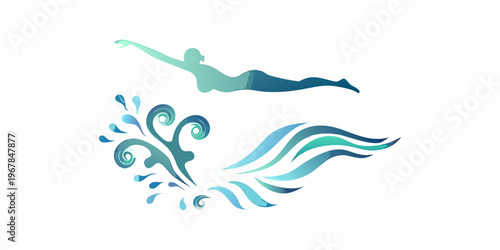 A swimmer silhouetted above stylized waves in shades of teal