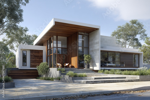 Modern house exterior with wood paneling and large glass windows, surrounded by greenery and clear sky, showcasing contemporary architecture and peaceful outdoor seating area