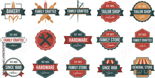 Vintage Trade and Craft Badge Collection Featuring Bakery, Carpentry, Butcher, Tailor, Grocery and Workshop Labels Retro Business Emblem Vector Set