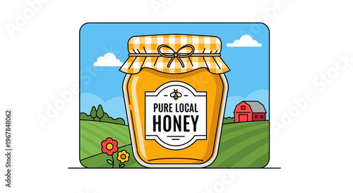 Pure Local Honey Jar with Farm Landscape Background