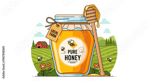 Pure Honey Jar with Wooden Dipper on Local Farm Landscape Background