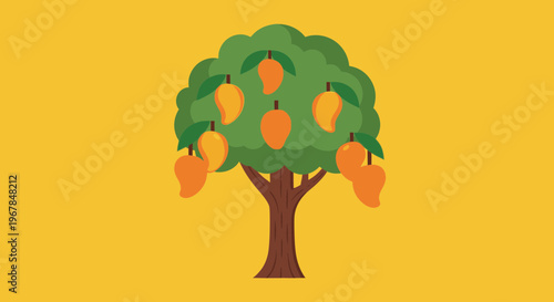 Ripe Mangoes Hanging on Tree Branch, Healthy Fruit Harvest, Cartoon Style