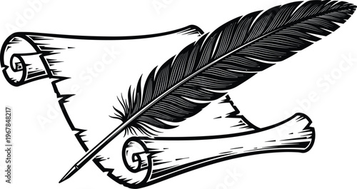 feather quill and scroll icon, vintage writing symbol, parchment paper illustration, classic calligraphy tool, historical document concept, flat vector illustration
