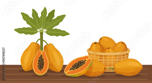 Ripe Papayas: Whole Fruits, Halved, and in a Basket on Wooden Surface