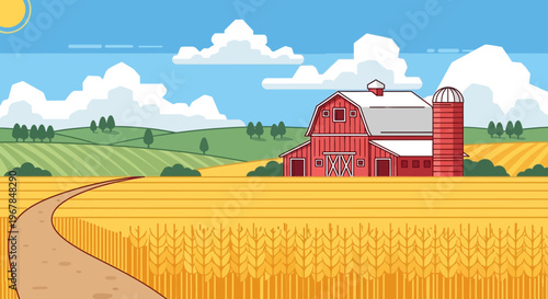 Rural Farm Landscape with Red Barn, Wheat Field, and Country Road