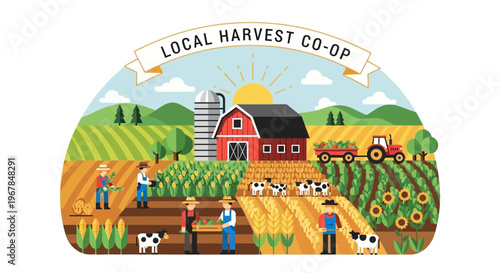 Rural Farm Landscape with Farmers, Livestock, and Crops