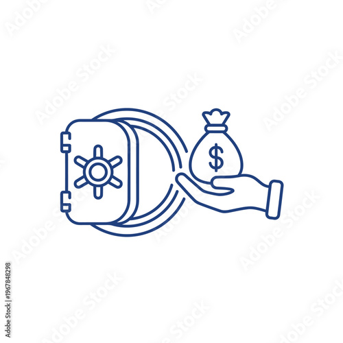 Hand holding money bag emerging from open safe.