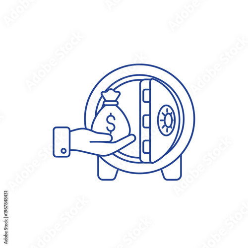 Hand holding money bag near open safe illustration.