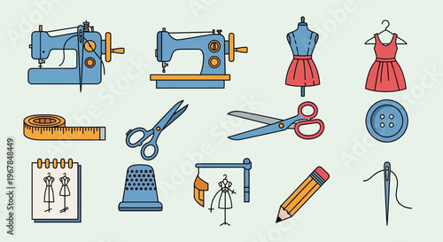 Sewing Machine, Mannequin, Dress Form, Scissors, Tape Measure, Thimble, Needle Icons