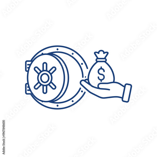 Hand holding money bag near vault door icon.