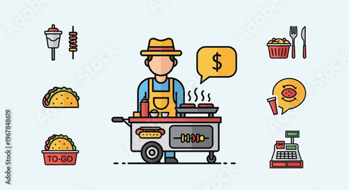 Street Food Vendor with Cart and Icons: Hot Dogs, Tacos, Cash Register