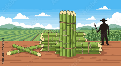 Sugarcane Harvest: Farmer with Bundles in Field, Rural Agricultural Landscape