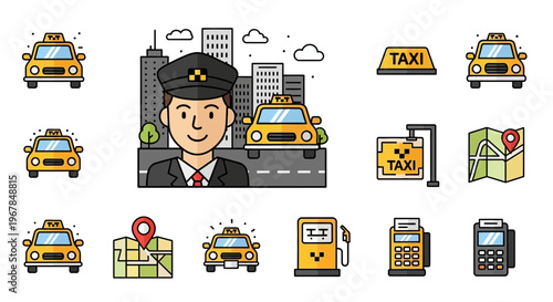 Taxi Driver and City Transportation Icons Set