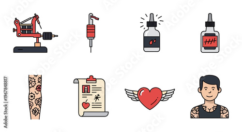 Tattooing Icons Set: Machine, Ink, Art, Client, Heart, Man