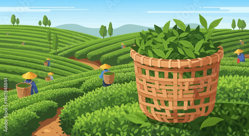 Tea Plantation Harvest: Basket Full of Fresh Leaves and Workers in Scenic Landscape