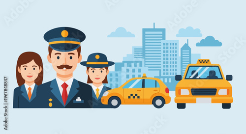 Taxi Drivers and Yellow Cabs in Cityscape - Transportation Service