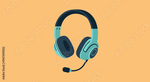 Turquoise headset with microphone on an orange background, vector illustration