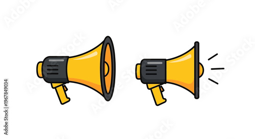 Two Yellow Megaphones, One Emitting Sound, Vector Illustration