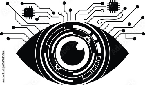 Flat vector illustration, technological eye design, circuit vision, artificial intelligence, machine perception, digital connectivity, cybernetic anatomy, futuristic concept, tech symbol