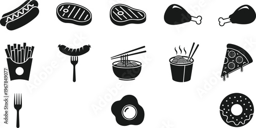 food, fast, meal, snack, restaurant, menu, cuisine, cooking, delicious, junk, dinner, breakfast, black, silhouette, vector, illustration, icon, set, tasty, flat