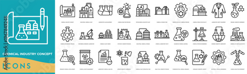 Chemical Industry Concept icon set. Chemical Industry Concept, Industrial Chemical Plant, Laboratory Glass Equipment, Chemical Reaction Process, Petrochemical Industry Plant and Chemical Storage Tank