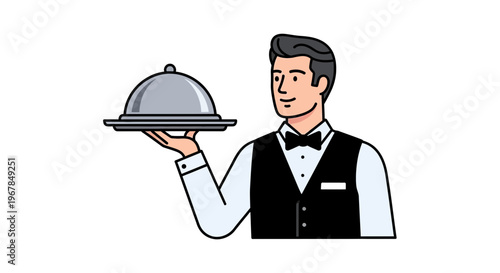 Waiter Serving Food Under Cloche Lid - Illustration