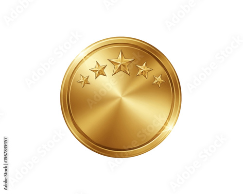 A shimmering gold vector illustration of a round award badge featuring five prominent stars, symbolizing premium quality and excellence.