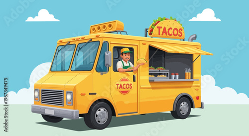 Yellow Taco Truck with Vendor Serving Food, Street Food Truck Business