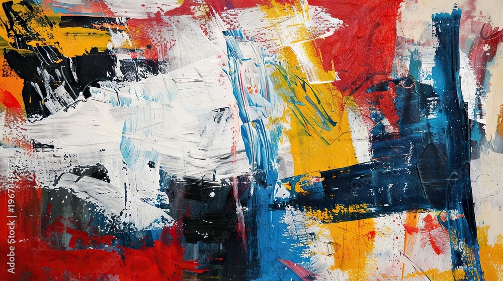 Fototapeta premium Abstract painting with bold brushstrokes in various bright and strong colors.