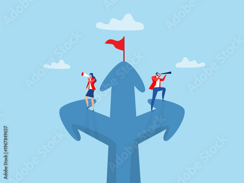 Businessman look through telescope and spyglass woman  discovery challenge, search for opportunit vectory, uccessful vision of future, leadership concept for banner vector