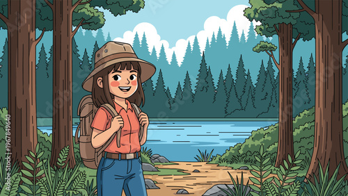 Young girl explorer with a backpack and hat smiles while hiking through a majestic pine forest next to a calm lake.