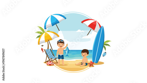 Two boys enjoy a day at the beach with a surfboard and beach chairs while one holds up a fish he just caught.