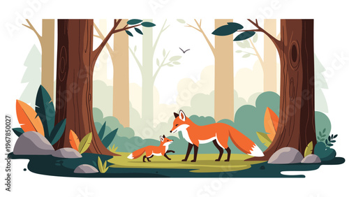 Fox mother and her small kit wander through a sunlit forest filled with tall trees, colorful autumn leaves, and scattered rocks on the ground.
